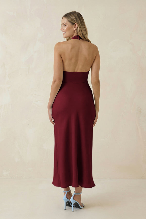 Halter Cut - Out Sheath Satin Midi Bridesmaid Dress in Burgundy - KISS BRIDAL Bridesmaid Dresses