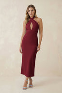 Halter Cut - Out Sheath Satin Midi Bridesmaid Dress in Burgundy - KISS BRIDAL Bridesmaid Dresses