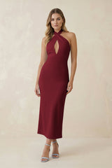 Halter Cut - Out Sheath Satin Midi Bridesmaid Dress in Burgundy - KISS BRIDAL Bridesmaid Dresses