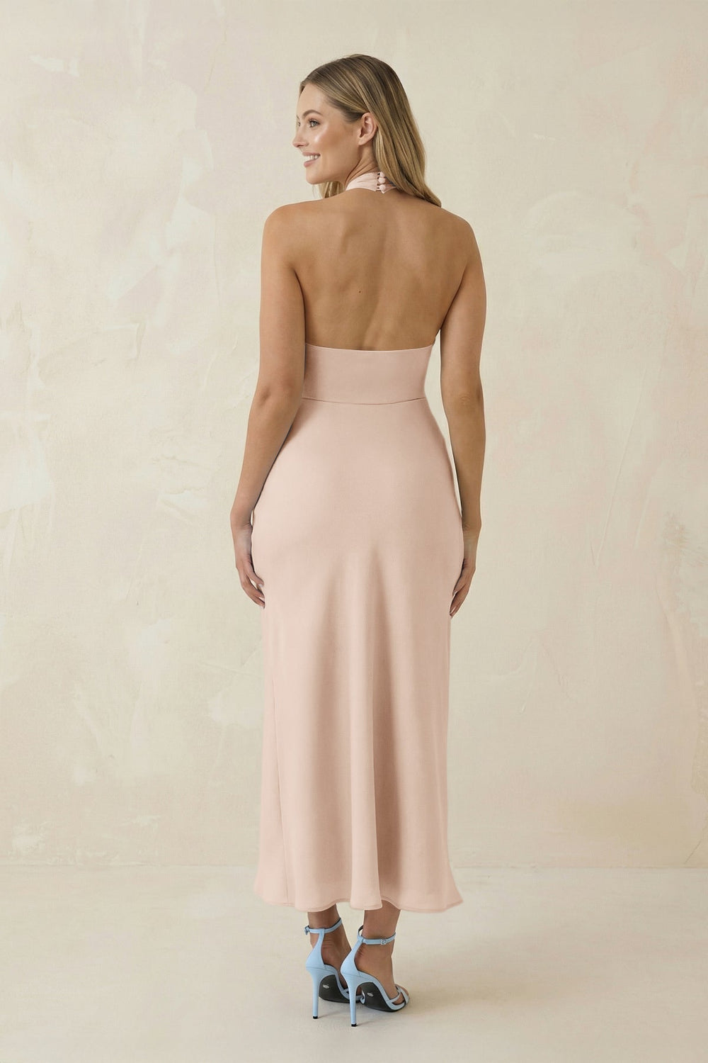 Halter Cut - Out Sheath Satin Midi Bridesmaid Dress in Buttercream - KISS BRIDAL Bridesmaid Dresses