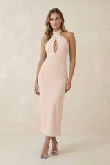 Halter Cut - Out Sheath Satin Midi Bridesmaid Dress in Buttercream - KISS BRIDAL Bridesmaid Dresses
