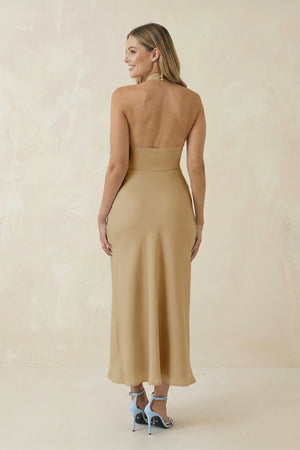 Halter Cut - Out Sheath Satin Midi Bridesmaid Dress in Champagne - KISS BRIDAL Bridesmaid Dresses