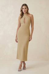 Halter Cut - Out Sheath Satin Midi Bridesmaid Dress in Champagne - KISS BRIDAL Bridesmaid Dresses