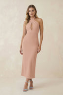 Halter Cut - Out Sheath Satin Midi Bridesmaid Dress in Champagne Rose - KISS BRIDAL Bridesmaid Dresses