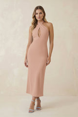 Halter Cut - Out Sheath Satin Midi Bridesmaid Dress in Champagne Rose - KISS BRIDAL Bridesmaid Dresses