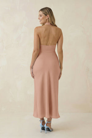 Halter Cut - Out Sheath Satin Midi Bridesmaid Dress in Champagne Rose - KISS BRIDAL Bridesmaid Dresses