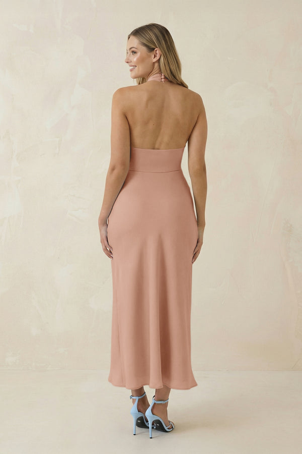 Halter Cut - Out Sheath Satin Midi Bridesmaid Dress in Champagne Rose - KISS BRIDAL Bridesmaid Dresses