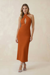 Halter Cut - Out Sheath Satin Midi Bridesmaid Dress in Cinnamon - KISS BRIDAL Bridesmaid Dresses