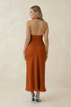 Halter Cut - Out Sheath Satin Midi Bridesmaid Dress in Cinnamon - KISS BRIDAL Bridesmaid Dresses