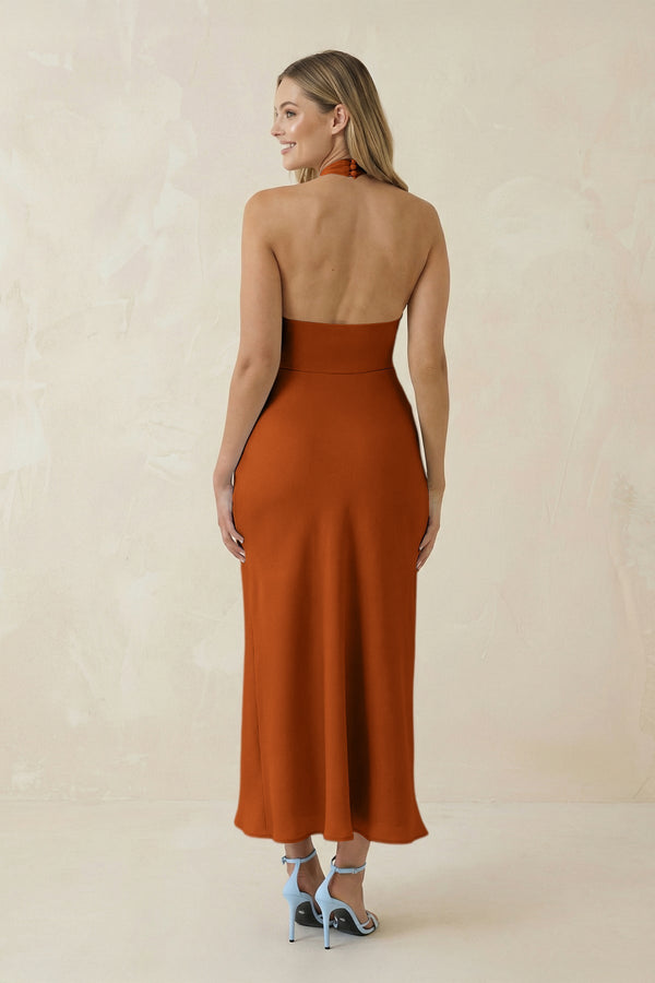 Halter Cut - Out Sheath Satin Midi Bridesmaid Dress in Cinnamon - KISS BRIDAL Bridesmaid Dresses