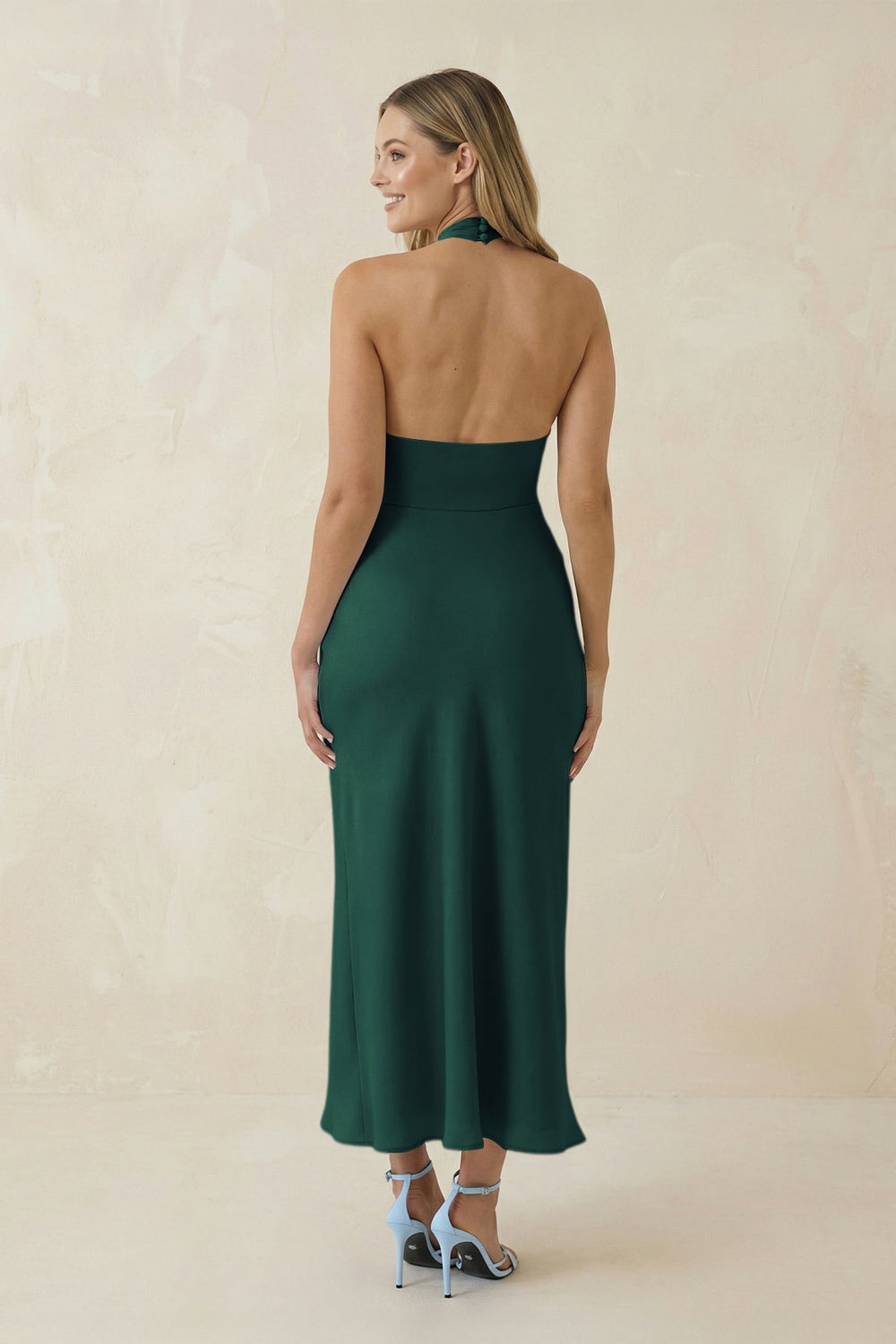 Halter Cut - Out Sheath Satin Midi Bridesmaid Dress in Dark Green - SHE IS ME Bridesmaid Dresses
