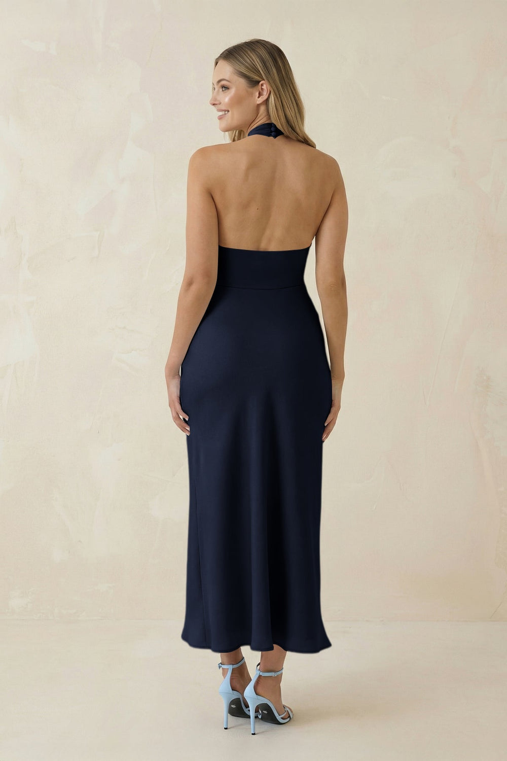 Halter Cut - Out Sheath Satin Midi Bridesmaid Dress in Dark Navy - SHE IS ME Bridesmaid Dresses