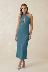Halter Cut - Out Sheath Satin Midi Bridesmaid Dress in Dark Teal - KISS BRIDAL Bridesmaid Dresses
