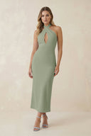 Halter Cut - Out Sheath Satin Midi Bridesmaid Dress in Dove Gray - KISS BRIDAL Bridesmaid Dresses