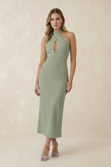 Halter Cut - Out Sheath Satin Midi Bridesmaid Dress in Dove Gray - KISS BRIDAL Bridesmaid Dresses