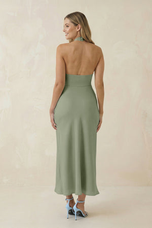 Halter Cut - Out Sheath Satin Midi Bridesmaid Dress in Dove Gray - KISS BRIDAL Bridesmaid Dresses