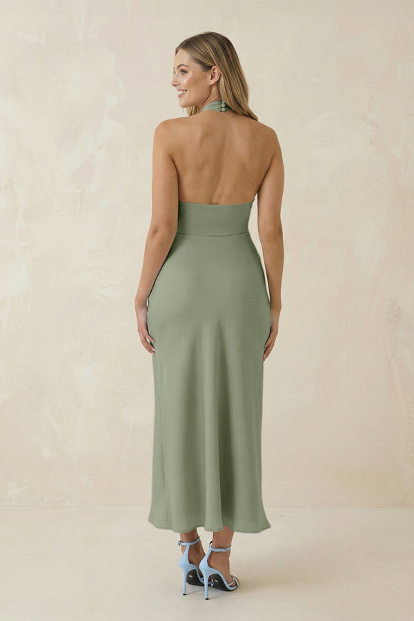 Halter Cut - Out Sheath Satin Midi Bridesmaid Dress in Dove Gray - KISS BRIDAL Bridesmaid Dresses