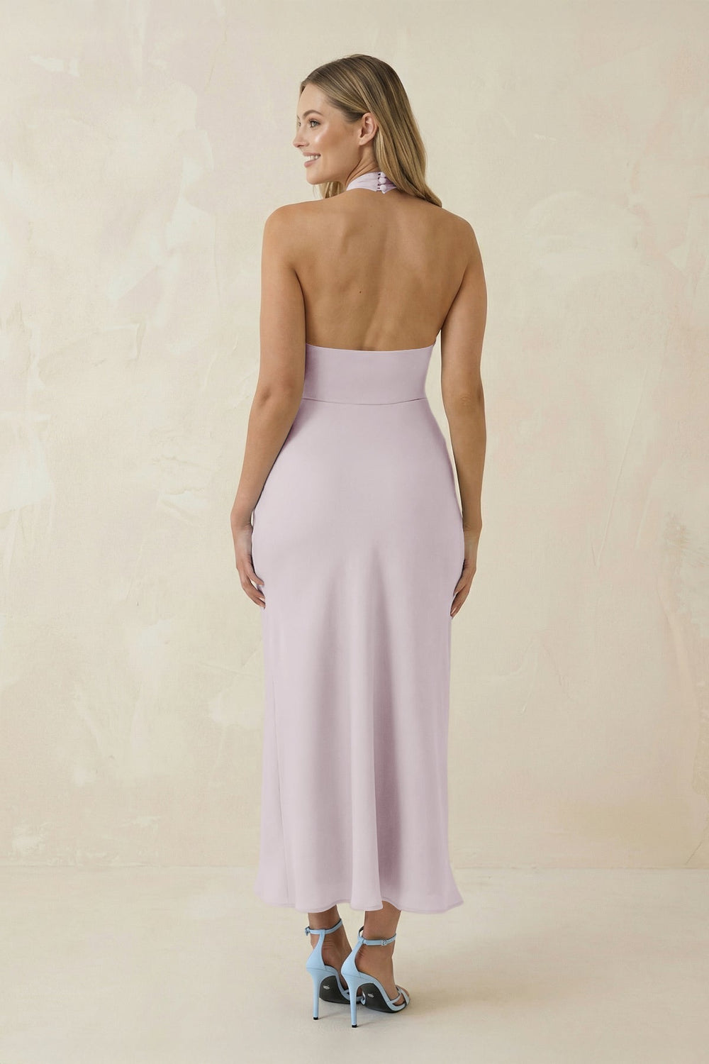 Halter Cut - Out Sheath Satin Midi Bridesmaid Dress in Dusk - SHE IS ME Bridesmaid Dresses