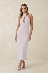 Halter Cut - Out Sheath Satin Midi Bridesmaid Dress in Dusk - KISS BRIDAL Bridesmaid Dresses