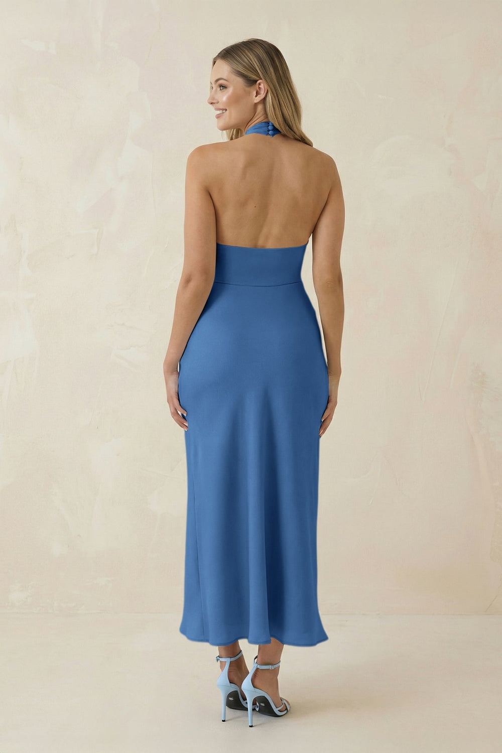 Halter Cut - Out Sheath Satin Midi Bridesmaid Dress in Dusty Blue - SHE IS ME Bridesmaid Dresses