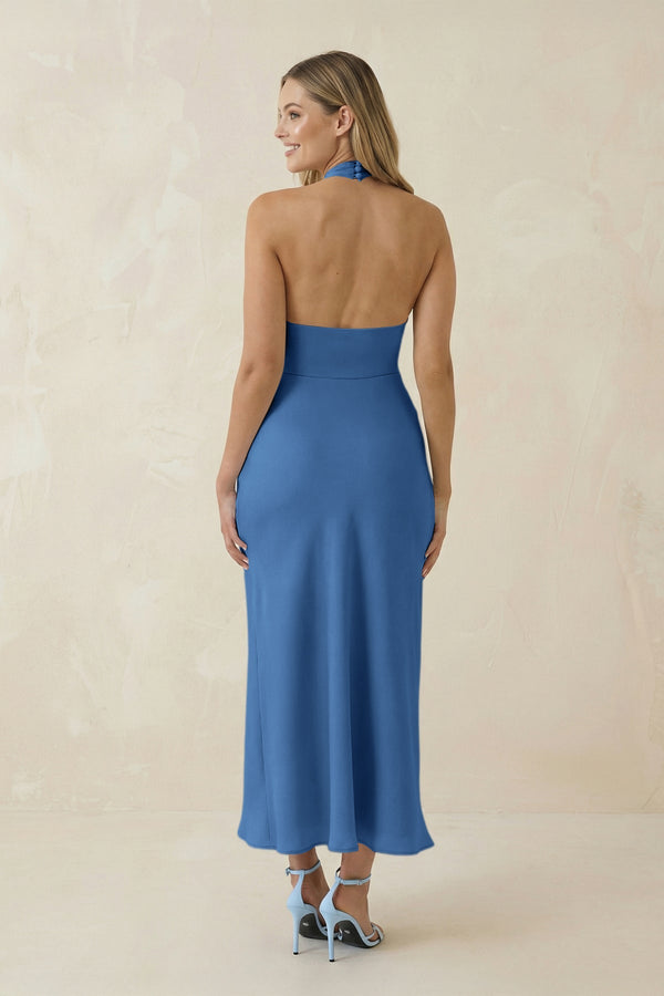 Halter Cut - Out Sheath Satin Midi Bridesmaid Dress in Dusty Blue - KISS BRIDAL Bridesmaid Dresses