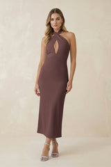 Halter Cut - Out Sheath Satin Midi Bridesmaid Dress in Espresso - KISS BRIDAL Bridesmaid Dresses