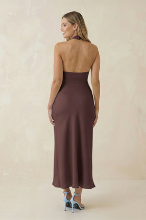 Halter Cut - Out Sheath Satin Midi Bridesmaid Dress in Espresso - KISS BRIDAL Bridesmaid Dresses