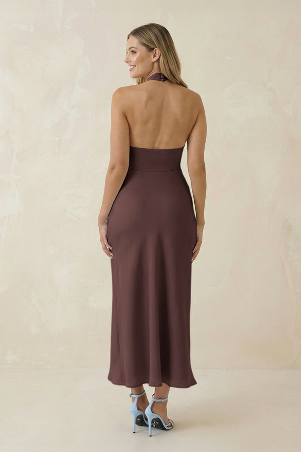 Halter Cut - Out Sheath Satin Midi Bridesmaid Dress in Espresso - KISS BRIDAL Bridesmaid Dresses