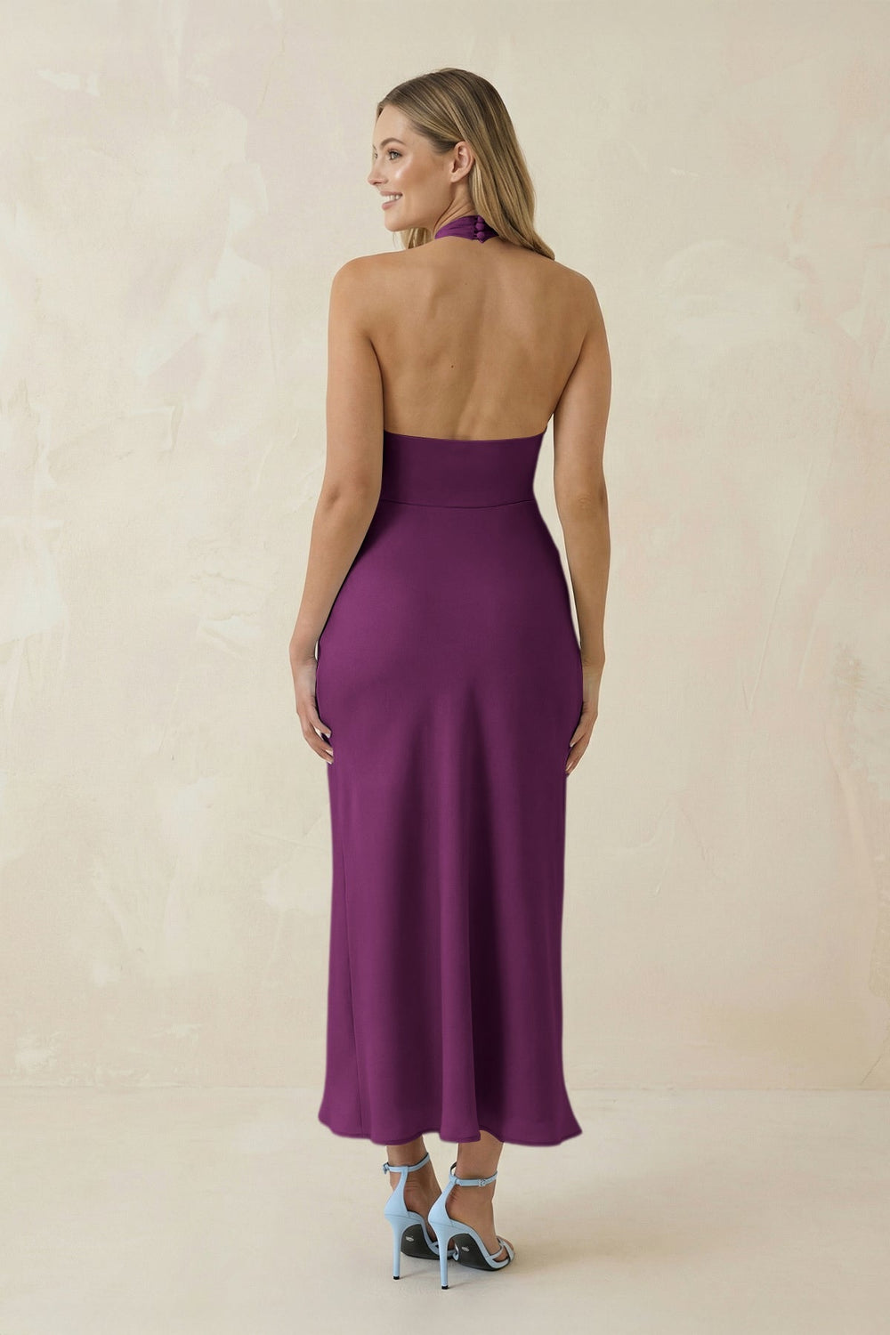 Halter Cut - Out Sheath Satin Midi Bridesmaid Dress in Fig - SHE IS ME Bridesmaid Dresses