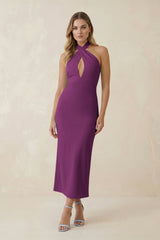 Halter Cut - Out Sheath Satin Midi Bridesmaid Dress in Fig - KISS BRIDAL Bridesmaid Dresses