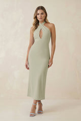 Halter Cut - Out Sheath Satin Midi Bridesmaid Dress in Frost - KISS BRIDAL Bridesmaid Dresses