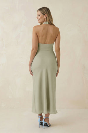Halter Cut - Out Sheath Satin Midi Bridesmaid Dress in Frost - KISS BRIDAL Bridesmaid Dresses