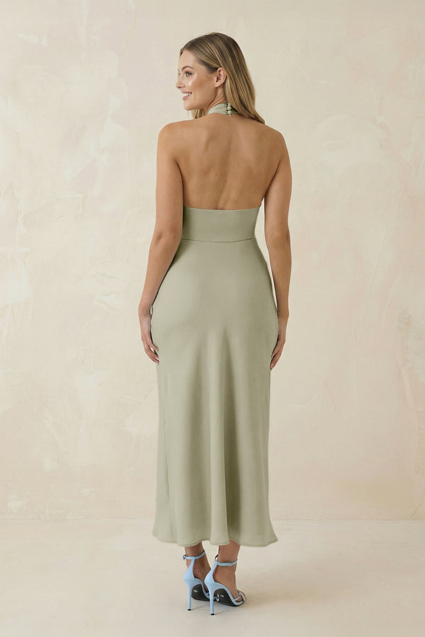 Halter Cut - Out Sheath Satin Midi Bridesmaid Dress in Frost - KISS BRIDAL Bridesmaid Dresses