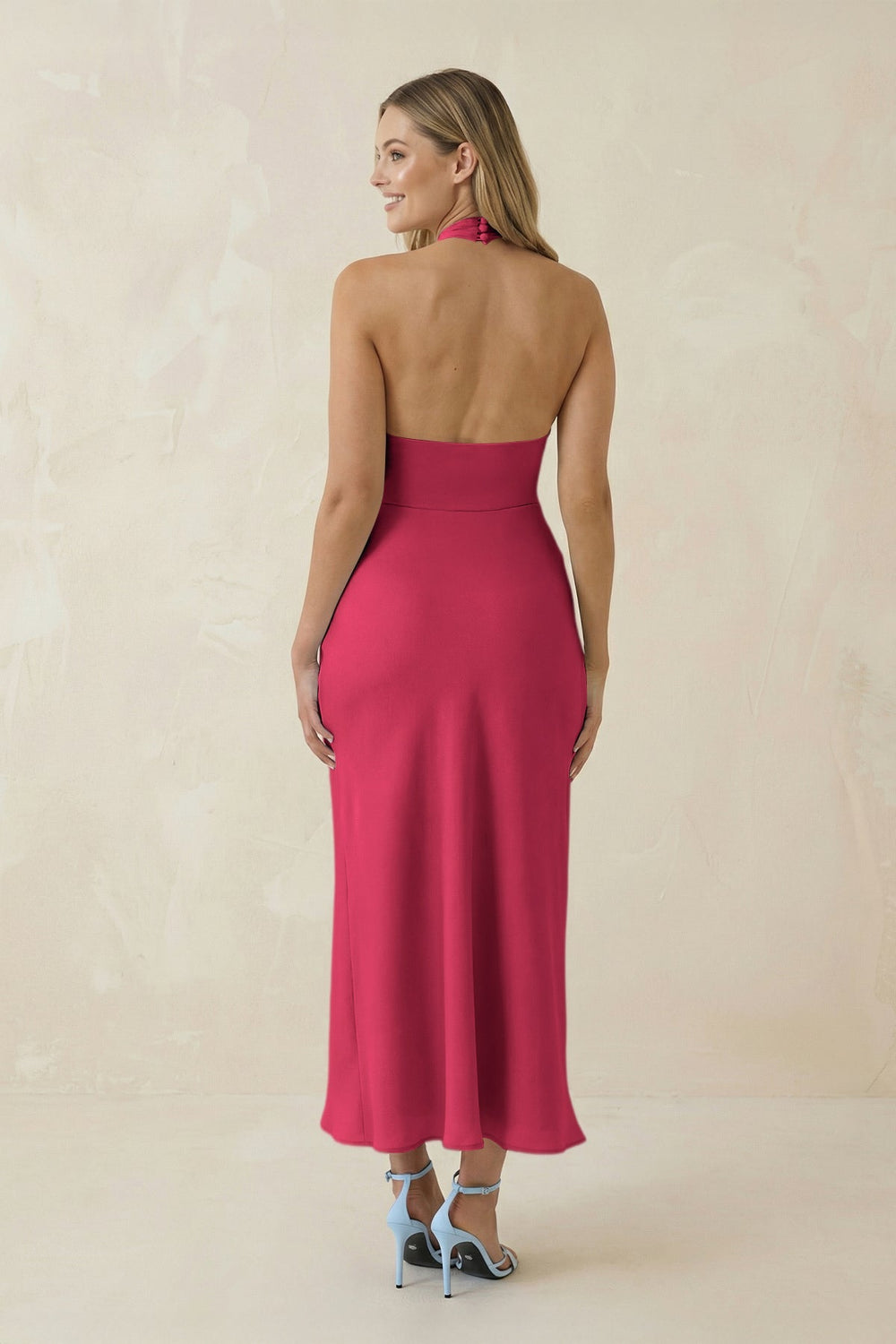 Halter Cut - Out Sheath Satin Midi Bridesmaid Dress in Fuchsia - KISS BRIDAL Bridesmaid Dresses