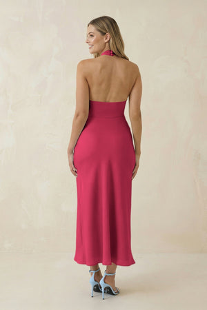 Halter Cut - Out Sheath Satin Midi Bridesmaid Dress in Fuchsia - KISS BRIDAL Bridesmaid Dresses