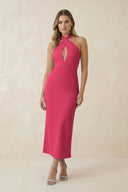 Halter Cut - Out Sheath Satin Midi Bridesmaid Dress in Fuchsia - KISS BRIDAL Bridesmaid Dresses