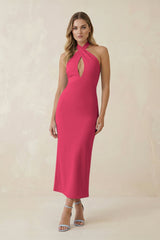 Halter Cut - Out Sheath Satin Midi Bridesmaid Dress in Fuchsia - KISS BRIDAL Bridesmaid Dresses