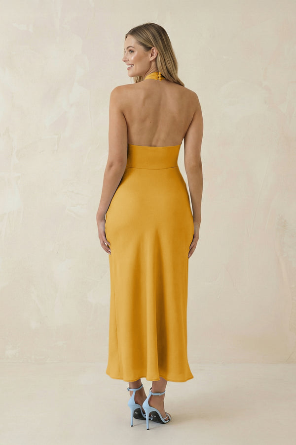 Halter Cut - Out Sheath Satin Midi Bridesmaid Dress in Gold - KISS BRIDAL Bridesmaid Dresses
