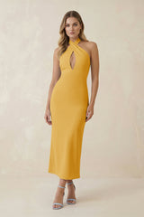 Halter Cut - Out Sheath Satin Midi Bridesmaid Dress in Gold - KISS BRIDAL Bridesmaid Dresses