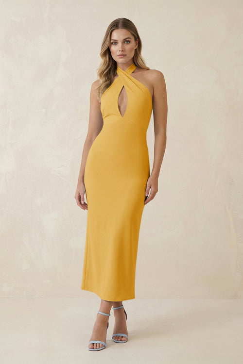 Halter Cut - Out Sheath Satin Midi Bridesmaid Dress in Gold - KISS BRIDAL Bridesmaid Dresses