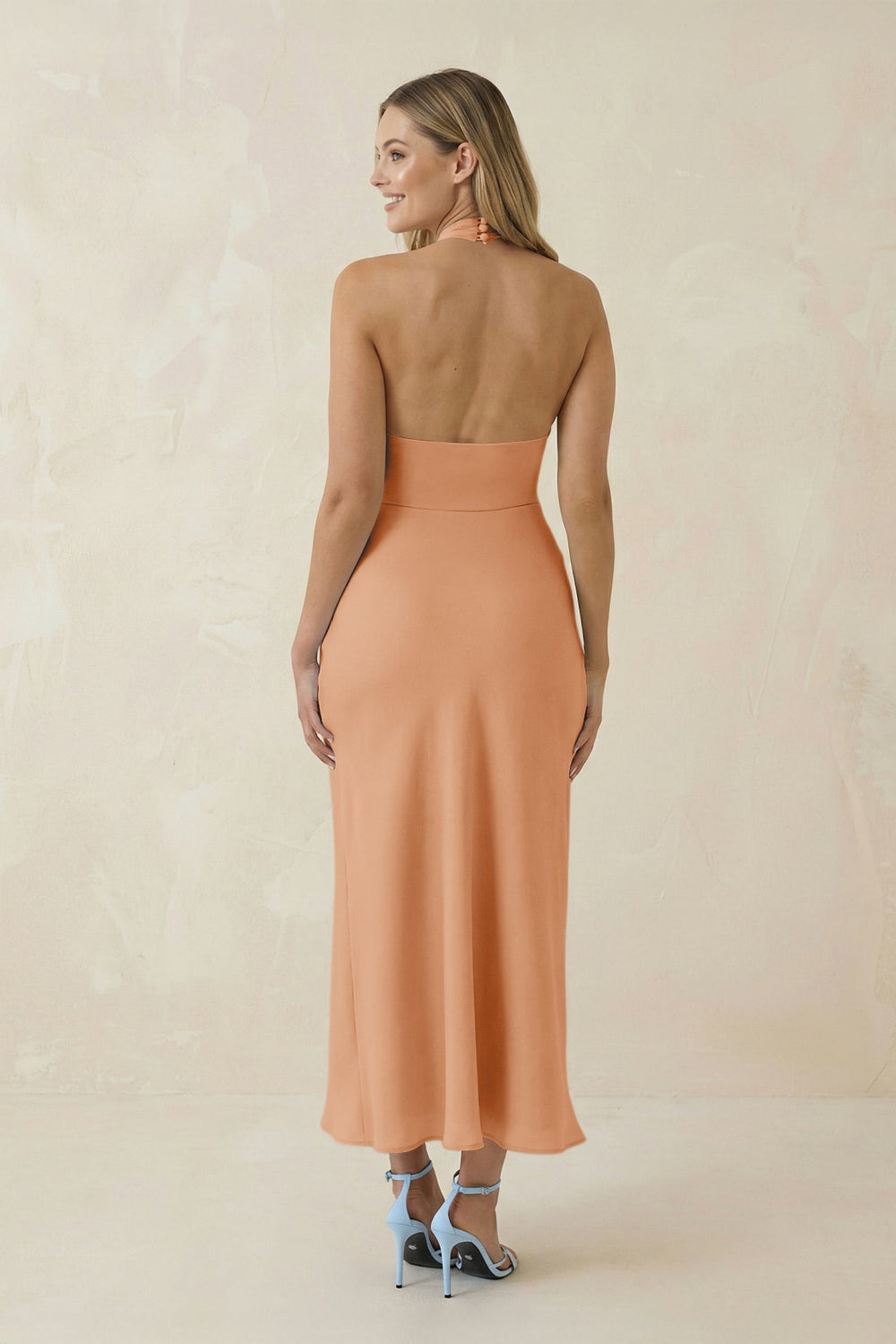 Halter Cut - Out Sheath Satin Midi Bridesmaid Dress in Golden Champagne - KISS BRIDAL Bridesmaid Dresses