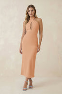 Halter Cut - Out Sheath Satin Midi Bridesmaid Dress in Golden Champagne - KISS BRIDAL Bridesmaid Dresses
