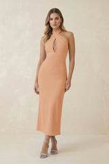 Halter Cut - Out Sheath Satin Midi Bridesmaid Dress in Golden Champagne - KISS BRIDAL Bridesmaid Dresses