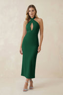 Halter Cut - Out Sheath Satin Midi Bridesmaid Dress in Green - KISS BRIDAL Bridesmaid Dresses