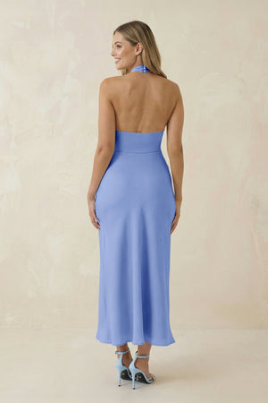 Halter Cut - Out Sheath Satin Midi Bridesmaid Dress in Ice - KISS BRIDAL Bridesmaid Dresses