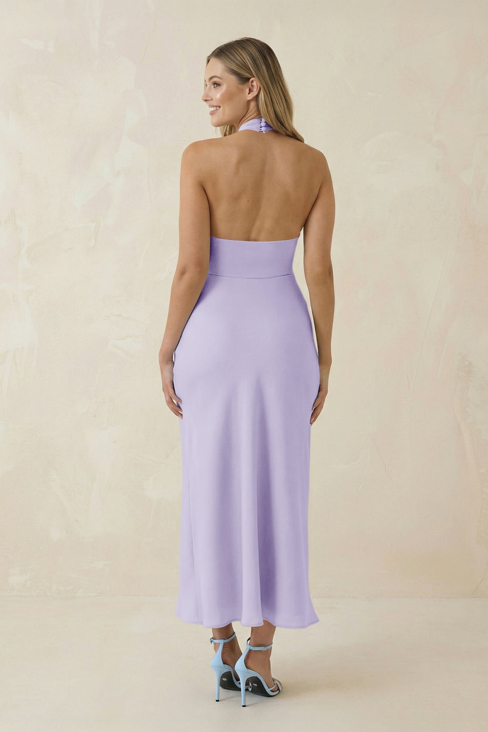 Halter Cut - Out Sheath Satin Midi Bridesmaid Dress in Lavender - SHE IS ME Bridesmaid Dresses