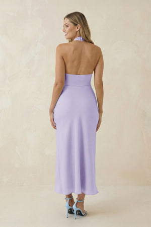 Halter Cut - Out Sheath Satin Midi Bridesmaid Dress in Lavender - KISS BRIDAL Bridesmaid Dresses
