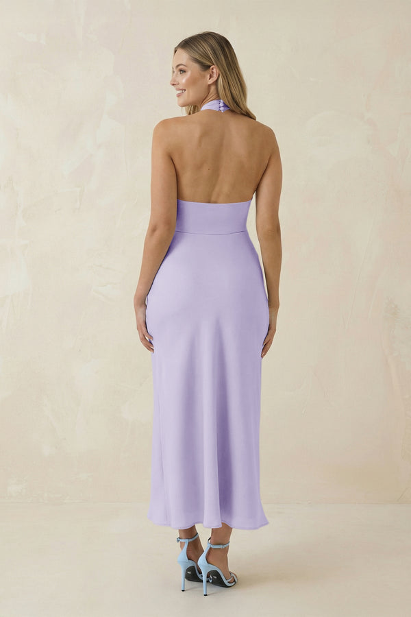 Halter Cut - Out Sheath Satin Midi Bridesmaid Dress in Lavender - KISS BRIDAL Bridesmaid Dresses