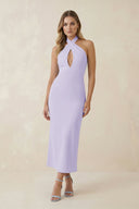 Halter Cut - Out Sheath Satin Midi Bridesmaid Dress in Lavender - KISS BRIDAL Bridesmaid Dresses