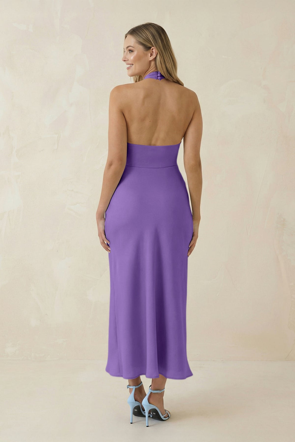 Halter Cut - Out Sheath Satin Midi Bridesmaid Dress in Lilac - KISS BRIDAL Bridesmaid Dresses